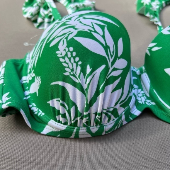 𝅺Gottex Ruffle Sleeve Leaf Print Bikini Top Green/White Sz 32C NWOT - Picture 3 of 11